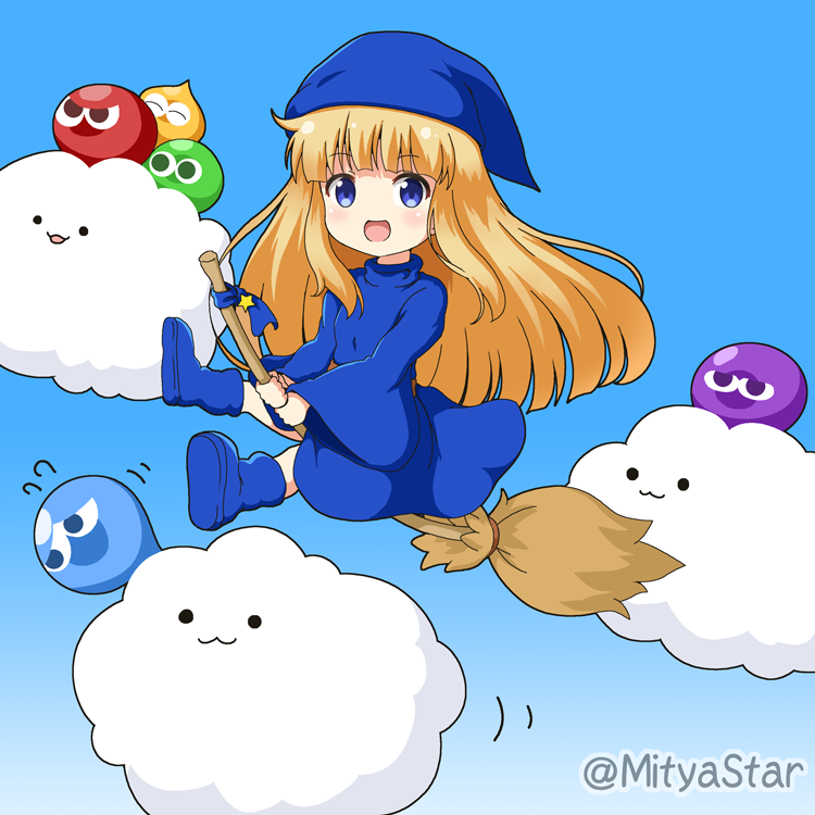 1girl :3 :d bangs blonde_hair blue_background blue_dress blue_eyes blue_footwear blue_headwear blue_ribbon boots broom broom_riding closed_mouth clouds commentary_request dress eyebrows_visible_through_hair flying_sweatdrops gradient gradient_background holding long_hair miicha open_mouth parted_lips puyopuyo ribbon shoe_soles smile star twitter_username very_long_hair witch_(puyopuyo)