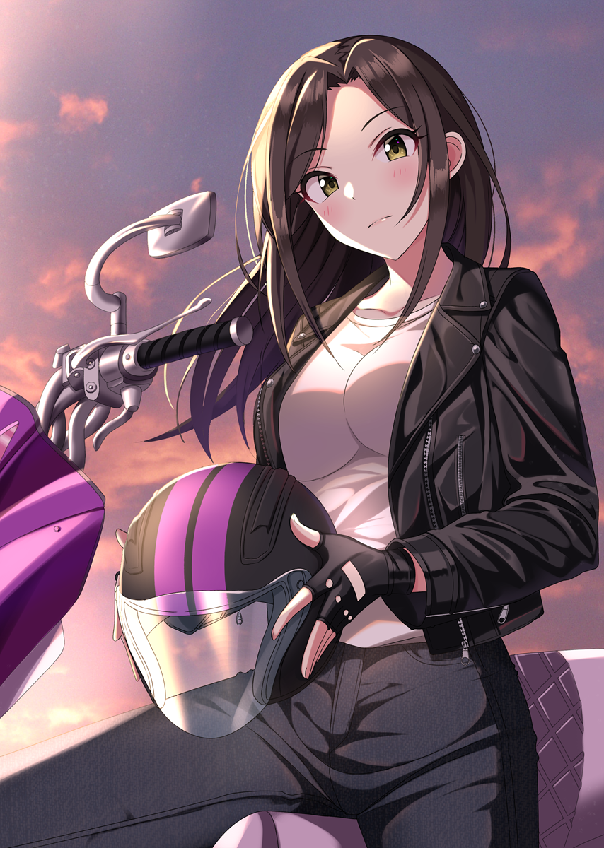 1girl bangs black_gloves black_hair black_jacket black_pants blush breasts brown_eyes closed_mouth clouds commentary_request eyebrows_visible_through_hair fingerless_gloves floating_hair forehead gloves ground_vehicle headwear_removed helmet helmet_removed highres holding holding_helmet idolmaster idolmaster_cinderella_girls idolmaster_cinderella_girls_starlight_stage jacket long_hair long_sleeves looking_at_viewer medium_breasts motorcycle_helmet mukai_takumi open_clothes open_jacket outdoors pants parted_bangs shirt sky solo sunset sutoroa white_shirt
