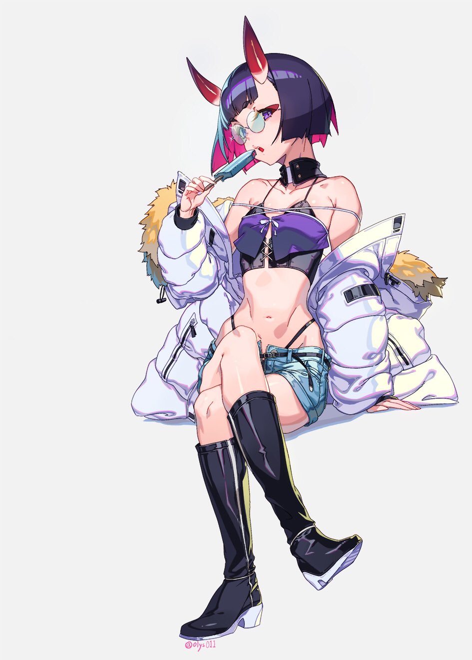 1girl alternate_costume bangs bare_shoulders belt black_legwear boots breasts coat corset crossed_legs denim denim_shorts eyelashes fate/grand_order fate_(series) food fur_trim hand_rest highres hikimayu horns looking_at_viewer midriff multicolored_hair navel off_shoulder olys oni open_mouth popsicle purple_hair short_hair shorts shuten_douji_(fate/grand_order) sitting sleeves_past_wrists small_breasts solo thong two-tone_hair violet_eyes winter_clothes winter_coat