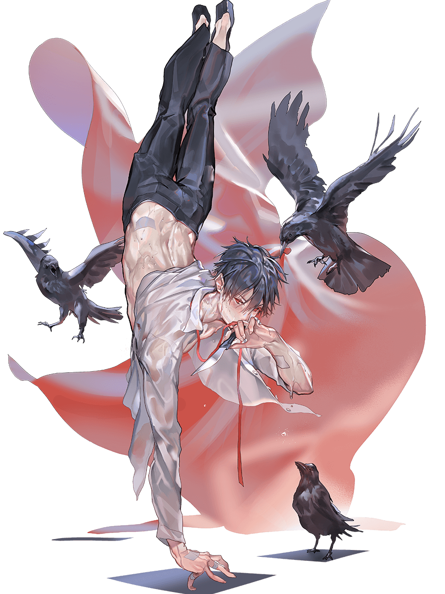 1boy balancing bird black_hair black_pants claude_fermat cloth crow hand_to_own_mouth handstand highres jewelry knife leenim looking_at_viewer lord_of_dice male_focus official_art open_clothes open_shirt pants red_eyes ribbon ring solo sweat wet wet_clothes