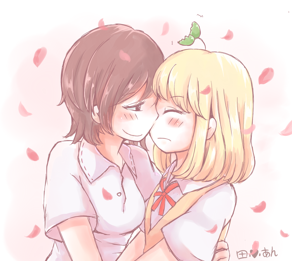 2girls arm_around_back asagao_to_kase-san blonde_hair blush brown_hair closed_eyes couple eyebrows_visible_through_hair hand_on_another's_back kase_tomoka medium_hair multiple_girls petals ribbon satorichan school_uniform shirt short_hair short_sleeves smile white_background white_shirt yamada_yui yuri