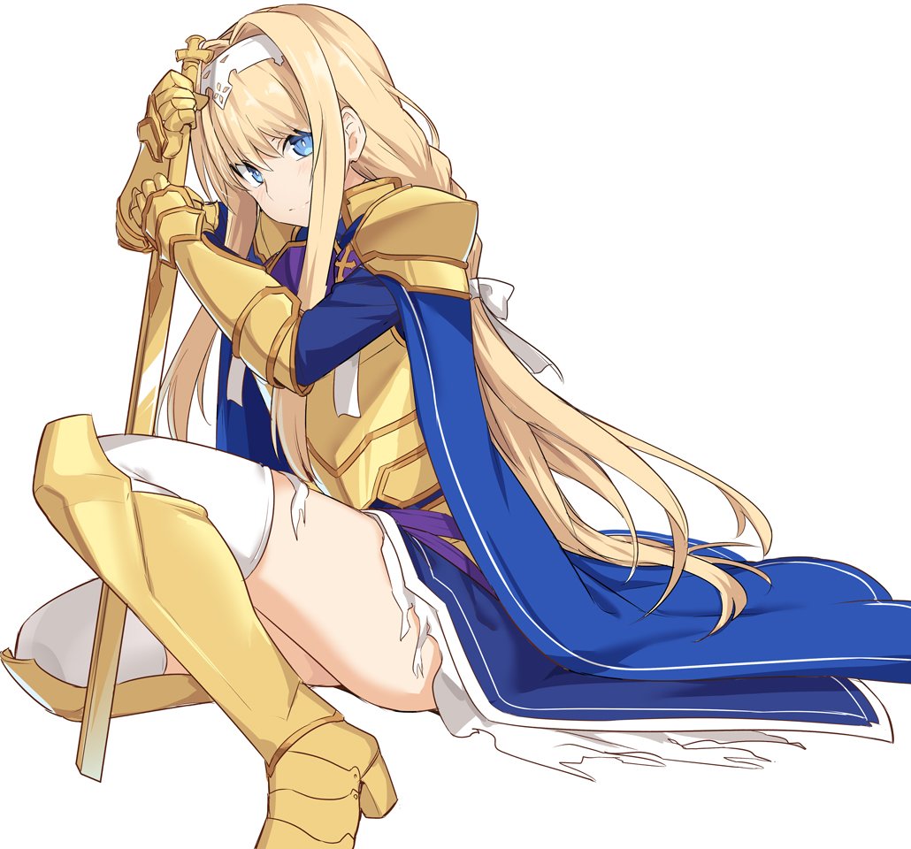1girl alice_schuberg armor bangs blonde_hair blue_eyes boots braid dress hairband holding long_hair looking_at_viewer ribbon shiseki_hirame simple_background smile solo sword sword_art_online_alicization thigh-highs torn_clothes very_long_hair weapon white_background white_hairband white_legwear