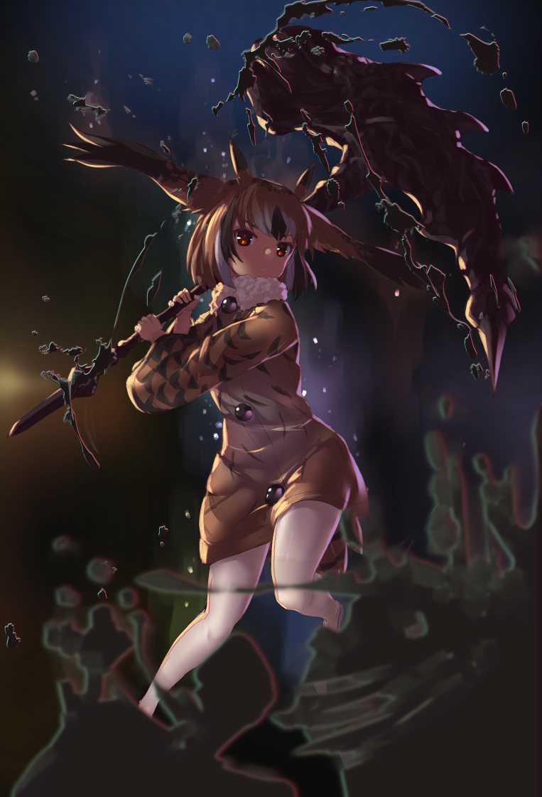 1girl bird_tail brown_coat brown_eyes brown_hair coat eurasian_eagle_owl_(kemono_friends) feathered_wings full_body fur_collar hammer head_wings holding holding_weapon kemono_friends long_sleeves looking_at_viewer multicolored_hair pantyhose serious short_hair solo spread_wings tadano_magu weapon white_legwear wings