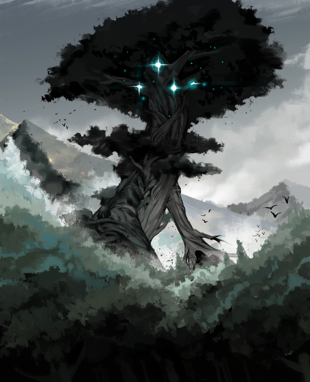 animal aynoh bird flying forest giant_tree glowing highres mountain nature no_humans outdoors pixiv_fantasia pixiv_fantasia_last_saga silhouette sky tagme tree