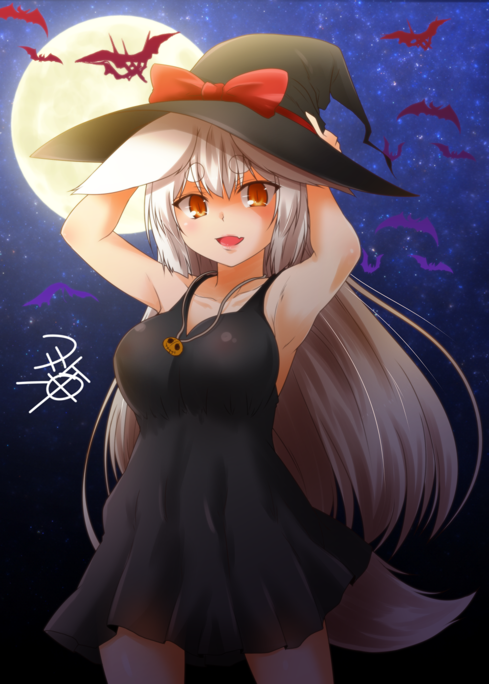 1girl animal_ears armpits bare_arms bat black_dress black_headwear breasts collarbone commentary_request dress eyebrows_visible_through_hair fang fox_ears fox_tail full_moon hair_between_eyes halloween hand_on_own_head hat highres jewelry kohaku_(yua) large_breasts long_hair looking_at_viewer moon necklace night night_sky open_mouth oppai_loli orange_eyes original signature skin_fang sky sleeveless sleeveless_dress slit_pupils solo tail thick_eyebrows white_hair witch_hat yua_(checkmate)