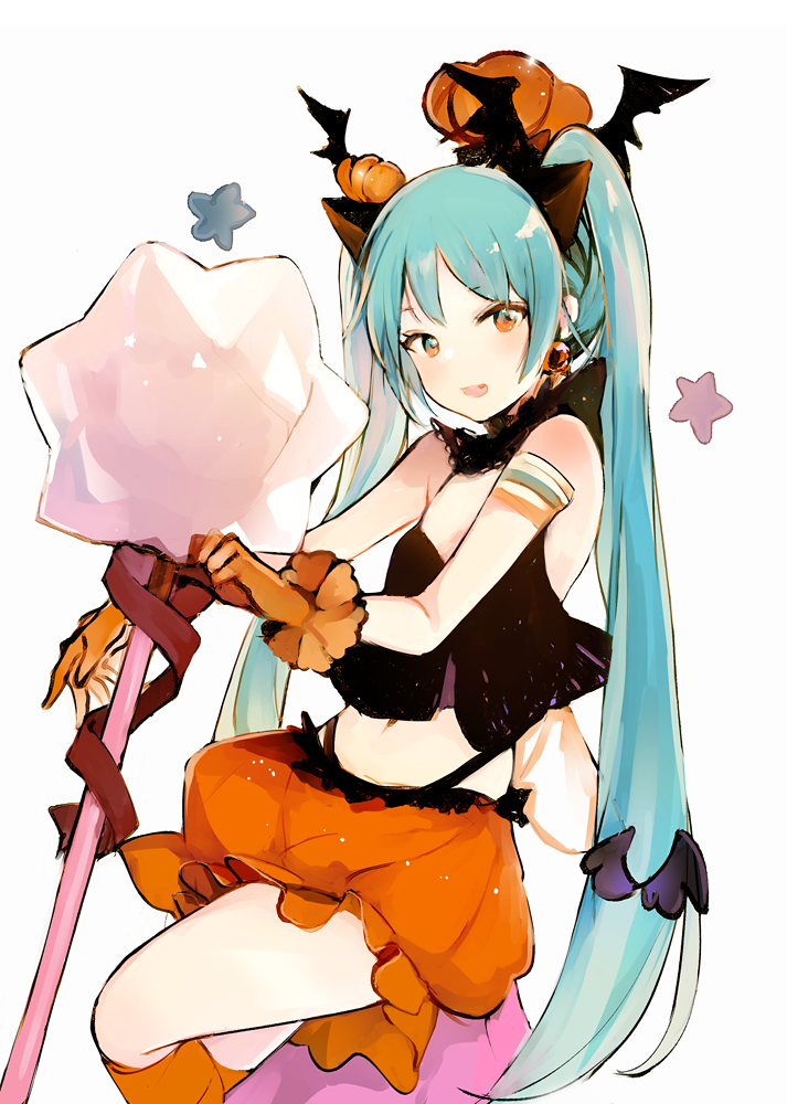 1girl :d aqua_hair bangs bare_shoulders black_camisole black_wings blush brown_eyes bubble_skirt camisole crypton_future_media eyebrows_visible_through_hair fang gloves halloween hatsune_miku head_wings kneehighs long_hair looking_at_viewer lpip moe navel open_mouth orange_gloves orange_legwear orange_skirt pumpkin simple_background skirt smile solo star twintails very_long_hair vocaloid white_background wings yamaha_(company)