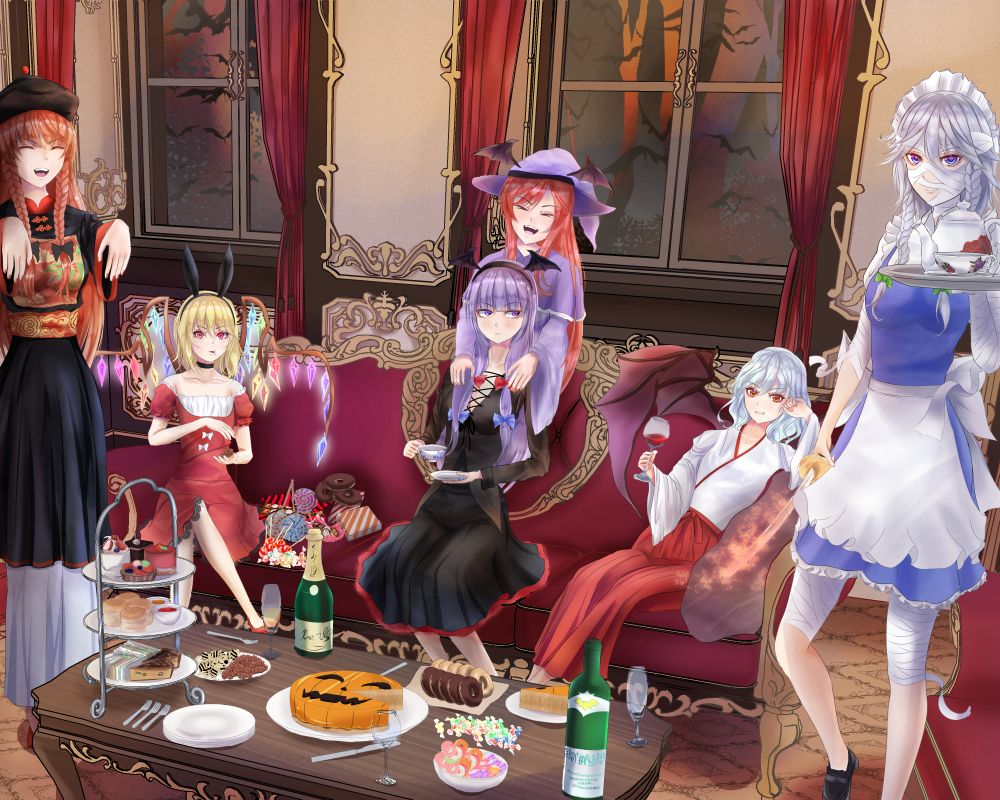 6+girls alternate_costume animal_ears apron bangs bat bat_wings black_dress black_footwear blonde_hair blue_eyes blue_skirt blue_vest blunt_bangs bottle braid cake calligraphy_brush_(medium) candy capelet carpet champagne_bottle champagne_flute chinese_clothes closed_eyes commentary_request cookie couch crossed_legs cup curtains doughnut dress drinking_glass eating fake_animal_ears flandre_scarlet food fork graphite_(medium) hair_between_eyes hairband hakama_skirt halloween halloween_costume hat head_wings holding holding_cup holding_food holding_sword holding_tray holding_weapon hong_meiling indoors izayoi_sakuya japanese_clothes jiangshi_costume knife koakuma konpeitou leg_lift lollipop looking_back maid_headdress miko multiple_girls mummy_costume niradama_(nira2ratama) open_mouth outstretched_arms partial_commentary patchouli_knowledge plate purple_dress purple_hair reclining red_dress red_eyes red_footwear redhead remilia_scarlet scone short_hair silver_hair sitting skirt smile standing standing_on_one_leg swirl_lollipop sword table teacup teapot tiered_tray touhou traditional_media tray twin_braids upper_teeth vest violet_eyes waist_apron weapon window wine_bottle wine_glass wings witch_hat zombie_pose