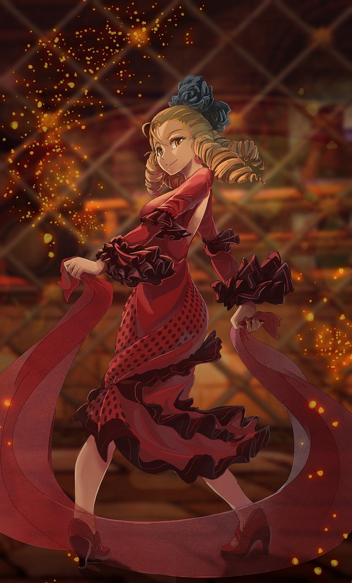 1girl alternate_costume antenna_hair back_cutout blonde_hair blue_flower blue_rose breasts dancing dress flamenco flamenco_dress flower full_body hair_flower hair_ornament high_heels highres kanzuki_karin looking_back medium_breasts medium_hair pigeon-toed red_dress red_footwear ringlets rose sergio_nhur shawl solo spinning street_fighter street_fighter_v yellow_eyes