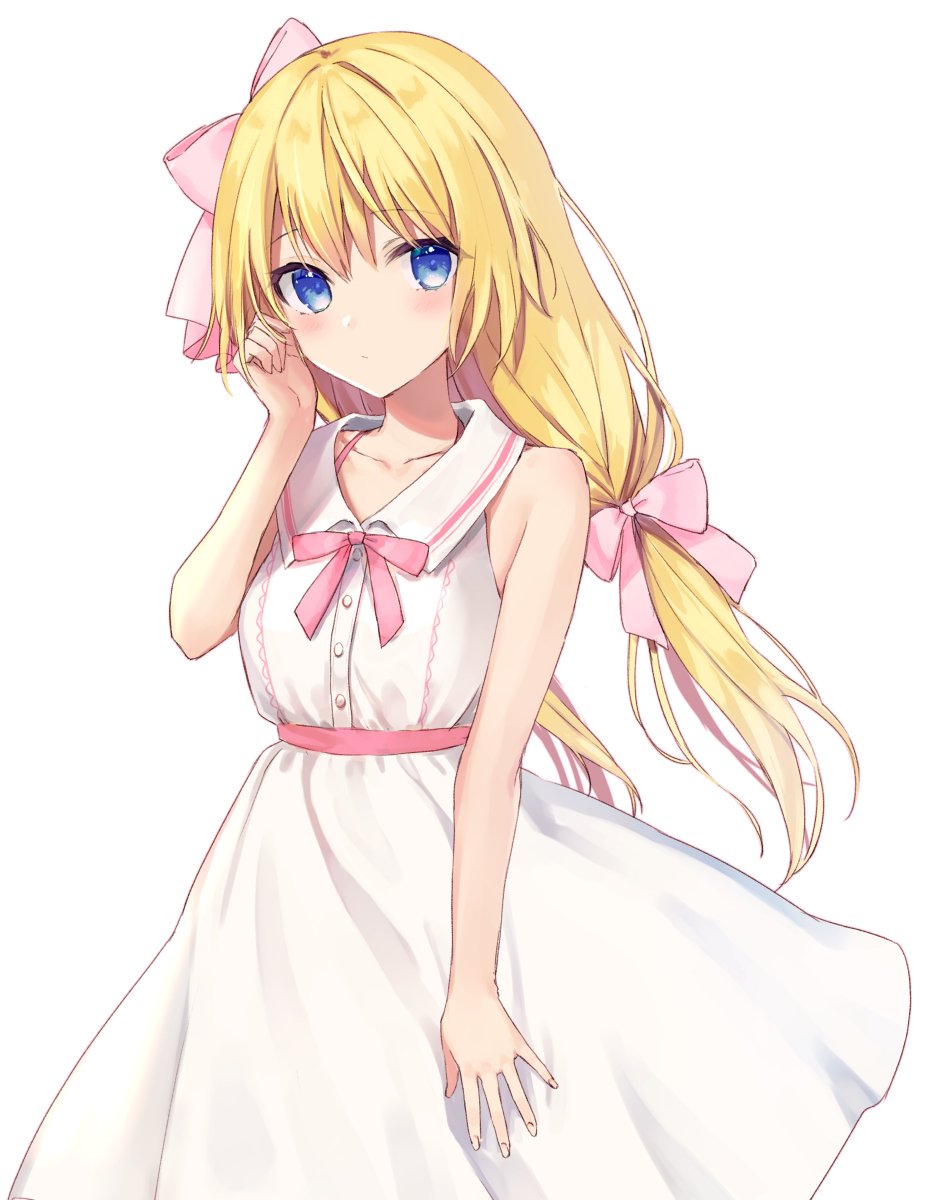 1girl bare_arms bare_shoulders blonde_hair blue_eyes bow bra_strap closed_mouth collarbone commentary_request dress hair_bow hand_up highres long_hair looking_at_viewer low_twintails original pink_bow rimo simple_background sleeveless sleeveless_dress solo twintails very_long_hair white_background white_dress wing_collar