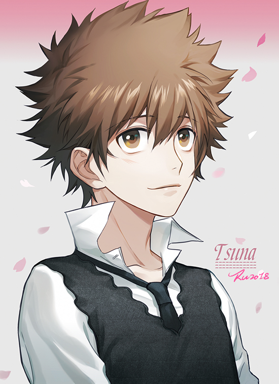 1boy 954740837 black_neckwear black_vest brown_eyes brown_hair character_name closed_mouth collar collared_shirt grey_background katekyo_hitman_reborn looking_up male_focus multicolored multicolored_background necktie petals pink_background sawada_tsunayoshi shirt short_hair simple_background smile solo spiky_hair upper_body vest white_shirt