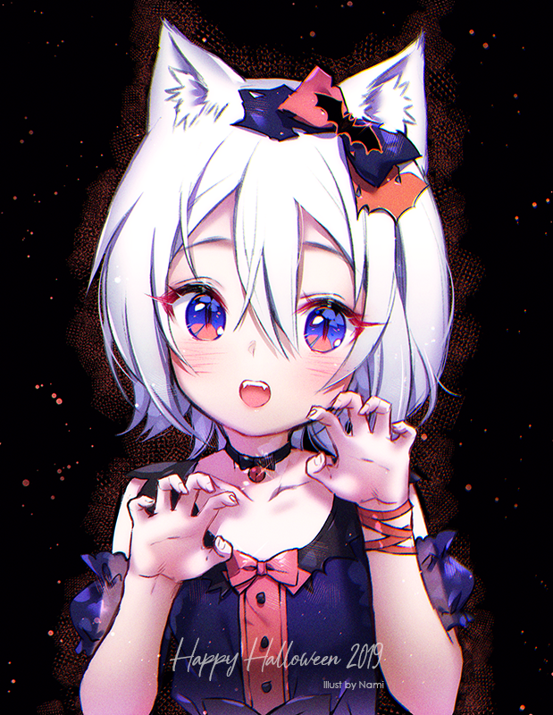 1girl 2019 animal_ears artist_name bangs black_choker blue_dress blue_eyes blue_sleeves blush cat_ears choker claw_pose collarbone commentary_request detached_sleeves dress fangs hair_between_eyes halloween hands_up happy_halloween looking_at_viewer natsumii_chan open_mouth original puffy_short_sleeves puffy_sleeves see-through see-through_sleeves short_sleeves sleeveless sleeveless_dress solo white_hair