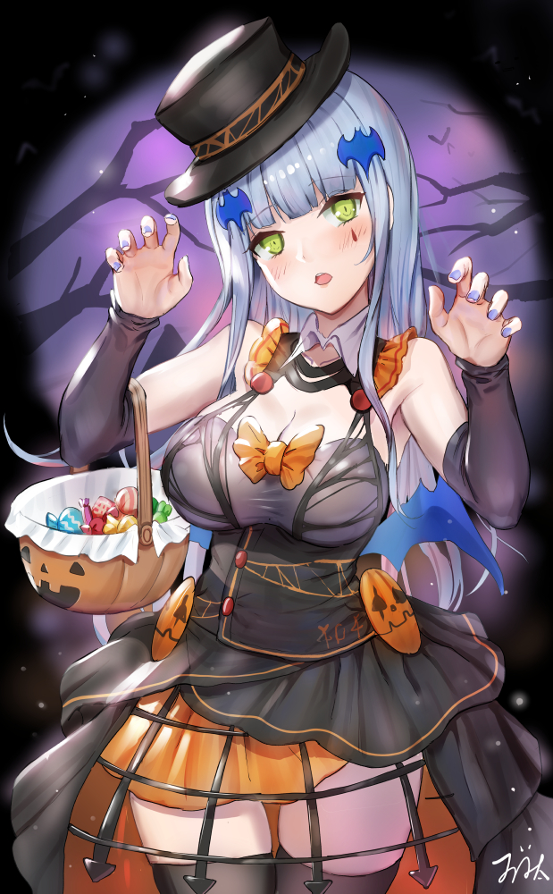 1girl bangs bat_hair_ornament bat_wings black_headwear black_legwear blue_hair blue_wings blunt_bangs blush breasts candy claw_pose commentary_request corset cowboy_shot detached_sleeves dress eyebrows_visible_through_hair facial_mark food girls_frontline green_eyes hair_ornament halloween halloween_basket halloween_costume hands_up hat head_tilt hk416_(girls_frontline) long_hair looking_at_viewer orange_skirt purple_nails qian_wu_atai skirt solo thigh-highs very_long_hair wings