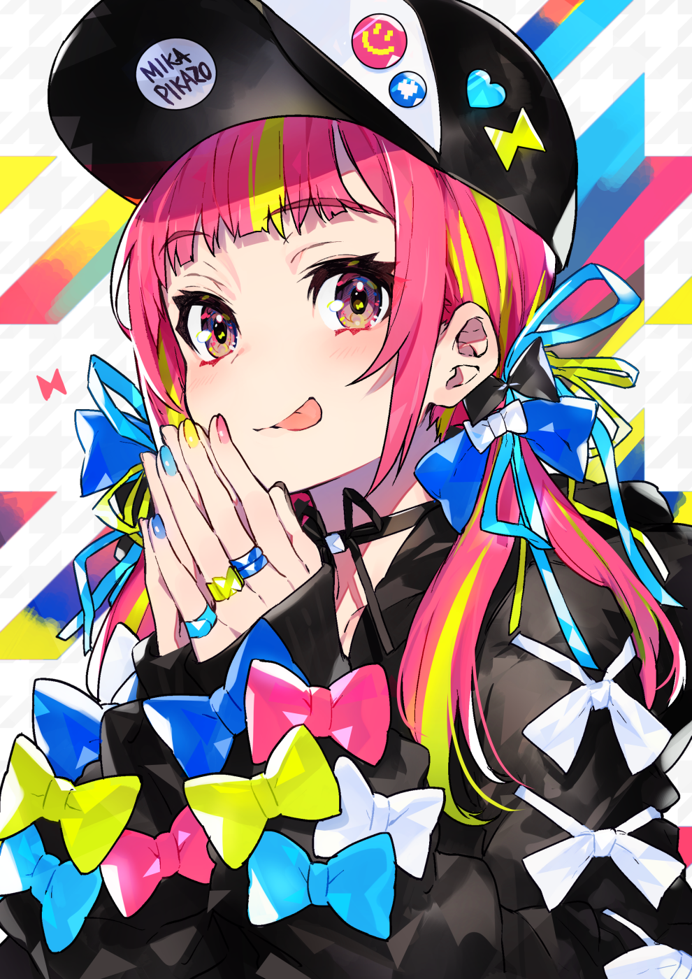 1girl :p artist_name badge baseball_cap black_bow black_headwear black_hoodie blonde_hair blue_bow blue_nails blue_ribbon blush bow brown_eyes button_badge closed_mouth commentary_request fingernails hair_bow hair_ribbon hands_up hat highres hood hood_down hoodie long_hair long_sleeves looking_at_viewer mika_pikazo multicolored multicolored_hair multicolored_nails nail_polish original pink_hair pink_nails ribbon sleeves_past_wrists smile solo steepled_fingers streaked_hair tongue tongue_out twintails upper_body yellow_nails