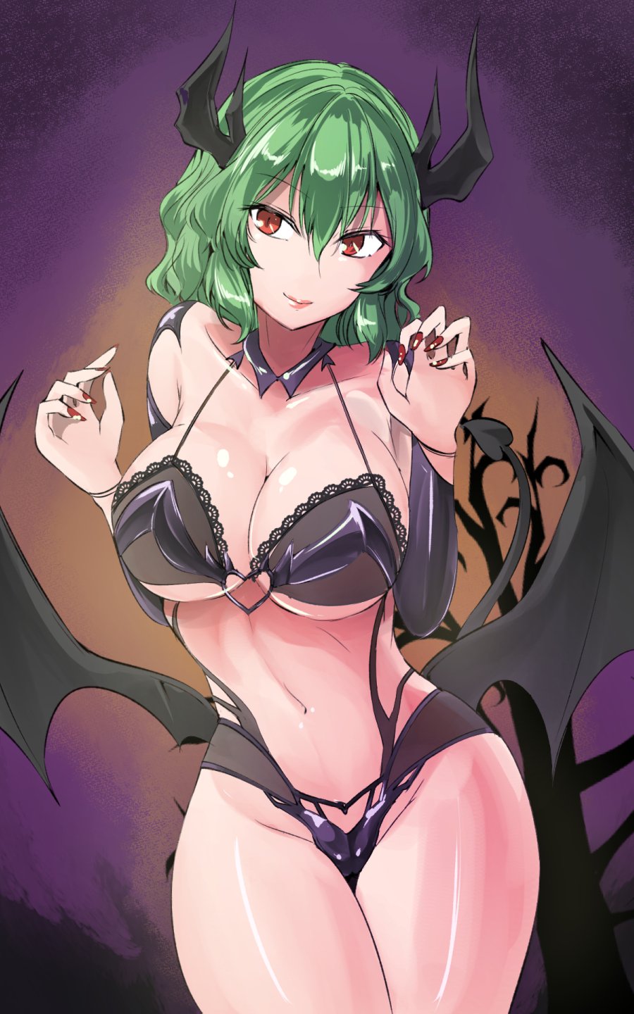 1girl bangs bare_shoulders black_bra black_panties bra breasts claw_pose commentary_request cowboy_shot demon_horns demon_tail demon_wings eyebrows_visible_through_hair fingernails green_hair groin hair_between_eyes hands_up head_tilt heart highres horns kazami_yuuka lace lace-trimmed_bra large_breasts looking_at_viewer low_wings navel panties purple_background red_eyes red_nails sharp_fingernails short_hair smile solo standing stomach tail thighs touhou underwear underwear_only wings y2