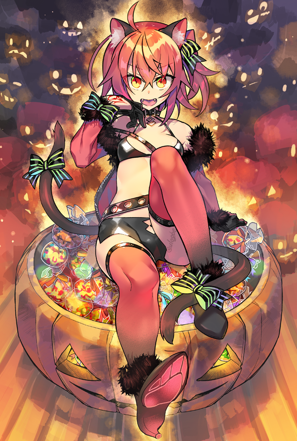 ahoge animal_ears artist_name bare_shoulders black_bow bow candy cat_ears cat_tail commentary_request eyebrows_visible_through_hair fangs fate/grand_order fate_(series) food fujimaru_ritsuka_(female) green_bow hair_between_eyes hair_ornament halloween multiple_tails negi_(ulog'be) open_mouth orange_hair pumpkin red_legwear scrunchie short_hair side_ponytail sitting tail tail_bow thigh-highs two_tails