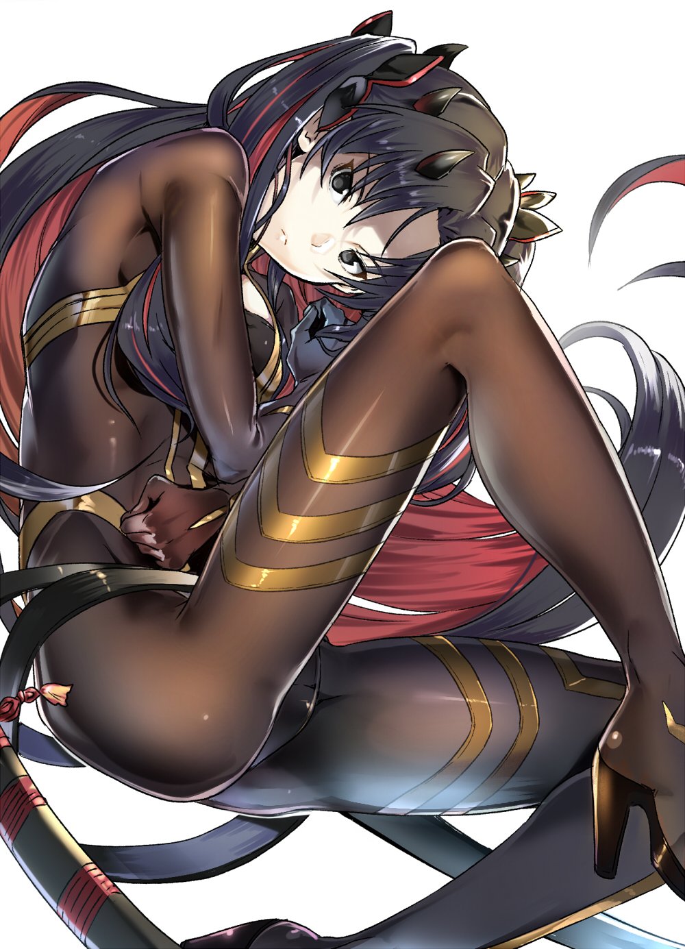 1girl bangs belt black_hair bodysuit breasts brown_bodysuit expressionless fate/grand_order fate_(series) hair_ornament head_tilt highres ishtar_(fate/grand_order) knee_up long_hair looking_at_viewer multicolored_hair red_eyes redhead ribbon shorts simple_background solo space_ishtar_(fate) sumisu_(mondo) two_side_up very_long_hair vest white_background