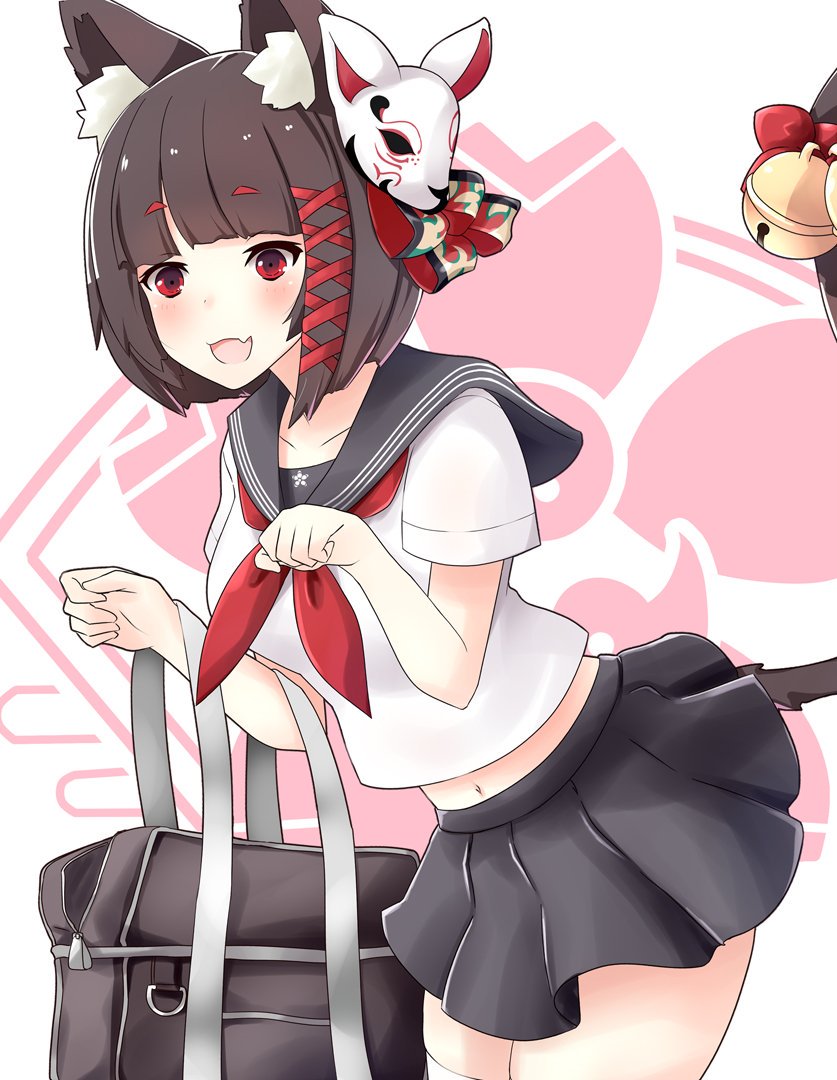 1girl animal_ear_fluff animal_ears azur_lane bag bell black_hair black_skirt bow breasts cat_ears cat_girl cat_tail collarbone commentary_request cowboy_shot fang fox_mask gudon_(iukhzl) hair_ribbon jingle_bell leaning_forward looking_at_viewer mask mask_on_head medium_breasts midriff miniskirt mouth_hold navel neckerchief pleated_skirt ribbon sailor_collar school_bag school_uniform serafuku shirt shirt_overhang short_hair short_sleeves skirt solo standing tail tail_bow thigh-highs white_legwear white_shirt yamashiro_(azur_lane) yamashiro_(street_corner_offensive!)_(azur_lane) zettai_ryouiki