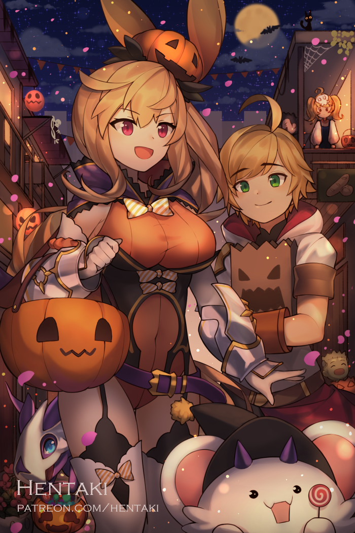 1boy 1girl animal_ears bag basket bat bear_ears belt black_legwear blonde_hair blue_eyes breasts candy cape cat clouds commentary covered_navel dragalia_lost dragon dragon_horns elisanne english_commentary euden eyebrows_visible_through_hair food food_themed_hair_ornament full_moon green_eyes hair_ornament halloween halloween_costume hat hentaki horns jack-o'-lantern large_breasts light_particles long_hair maritimus_(dragalia_lost) moon night night_sky open_mouth paper_bag petals pumpkin pumpkin_hair_ornament short_hair short_sleeves silk sky smile spider_web star_(sky) starry_sky town violet_eyes white_legwear witch_hat