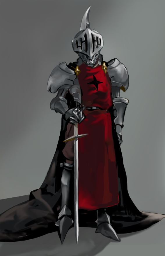 1boy arm_at_side armor black_cape boots cape crandom dwight_the_king_of_steel full_body gauntlets greaves grey_background helmet holding holding_sword holding_weapon looking_at_viewer male_focus pixiv_fantasia pixiv_fantasia_last_saga simple_background solo standing sword tabard weapon