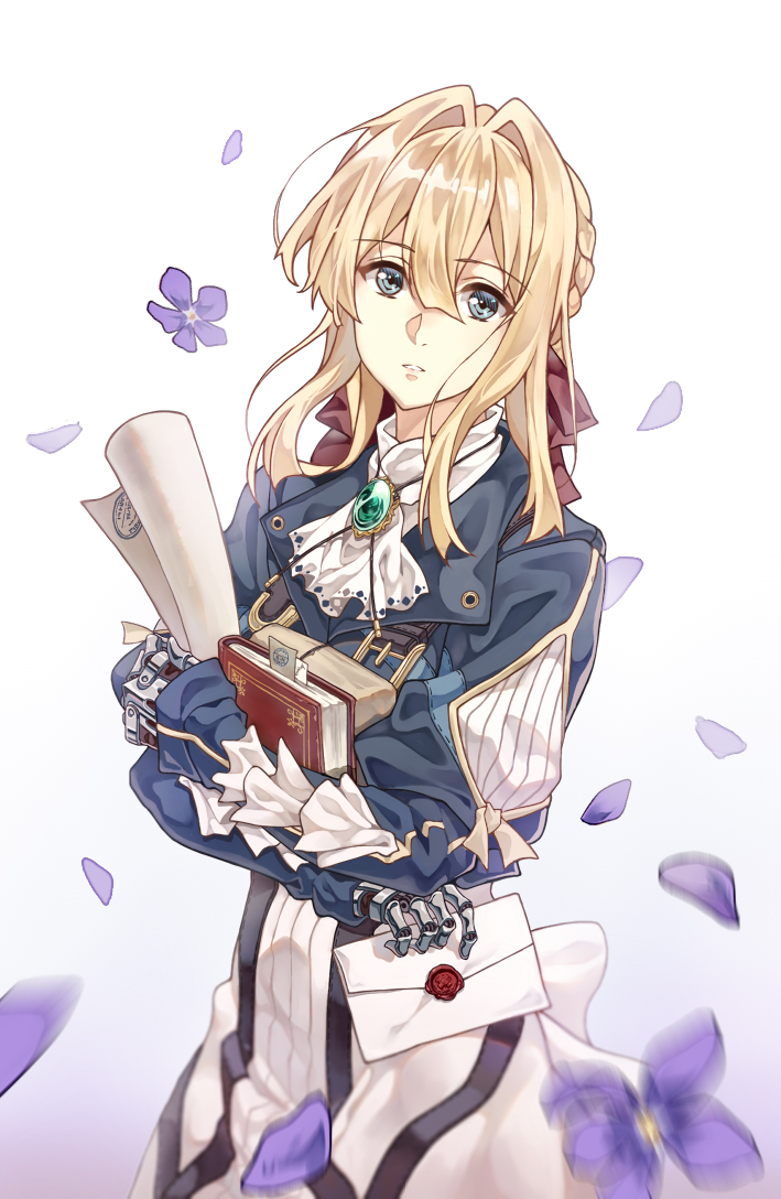 1girl blonde_hair blue_eyes book brooch cheese_kang commentary dress envelope flower hair_intakes holding holding_book jewelry looking_at_viewer mechanical_arm petals purple_flower simple_background solo standing violet_evergarden violet_evergarden_(character) wax_seal white_background