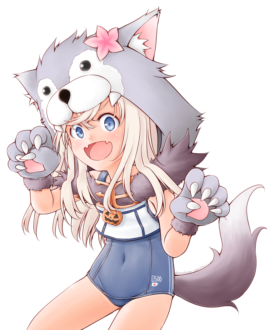 1girl animal_hood blue_swimsuit cosplay covered_navel cowboy_shot dog_hood dog_tail fangs flower gloves hair_flower hair_ornament hood kantai_collection meihemu open_mouth paw_gloves paws ro-500_(kantai_collection) school_swimsuit school_uniform serafuku simple_background skin_fangs sleeveless solo swimsuit swimsuit_under_clothes tail white_background yuudachi_(kantai_collection) yuudachi_(kantai_collection)_(cosplay)