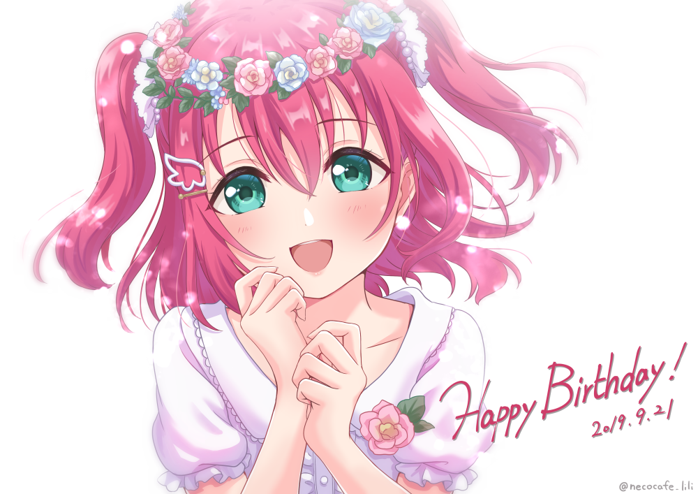 1girl :d aqua_eyes bangs blue_flower blush dated eyebrows_visible_through_hair flower flower_wreath frilled_sleeves frills hair_ornament hairclip hands_up happy_birthday head_wreath kurosawa_ruby looking_at_viewer love_live! love_live!_sunshine!! open_mouth pink_flower puffy_short_sleeves puffy_sleeves shirt short_hair short_sleeves smile solo twitter_username two_side_up upper_body white_shirt winged_hair_ornament