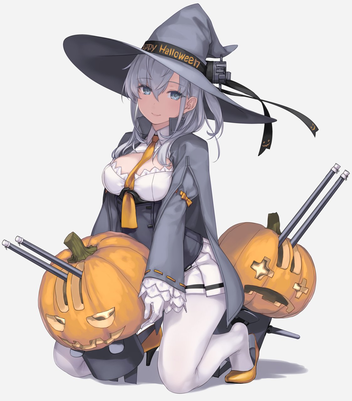 +_+ 1girl adapted_costume bangs blue_eyes bow breasts cape chou-10cm-hou-chan_(suzutsuki's) cleavage_cutout clothes_writing collared_shirt commentary_request corset eyebrows_visible_through_hair eyelashes frilled_sleeves frills full_body grey_cape halloween happy_halloween hat hat_bow high_heels highres jack-o'-lantern kantai_collection long_hair long_sleeves medium_breasts miniskirt necktie one_side_up pleated_skirt pumpkin rokuwata_tomoe shirt silver_hair sitting skirt smile solo suzutsuki_(kantai_collection) weapon white_legwear white_shirt white_skirt wide_sleeves witch witch_hat yellow_footwear yellow_neckwear