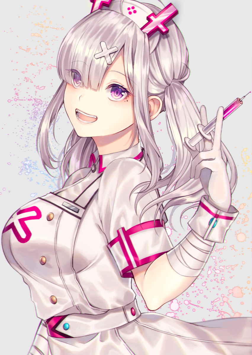 1girl :d bandaged_arm bandages blush breasts cross eyebrows_visible_through_hair eyes_visible_through_hair from_side gloves grey_background hair_ornament hair_over_one_eye hat highres holding holding_syringe large_breasts long_hair looking_at_viewer looking_to_the_side me_meel mole mole_under_eye nijisanji nurse nurse_cap open_mouth short_sleeves silver_hair smile solo sukoya_kana syringe teeth twintails upper_body violet_eyes virtual_youtuber white_gloves wing_collar x_hair_ornament