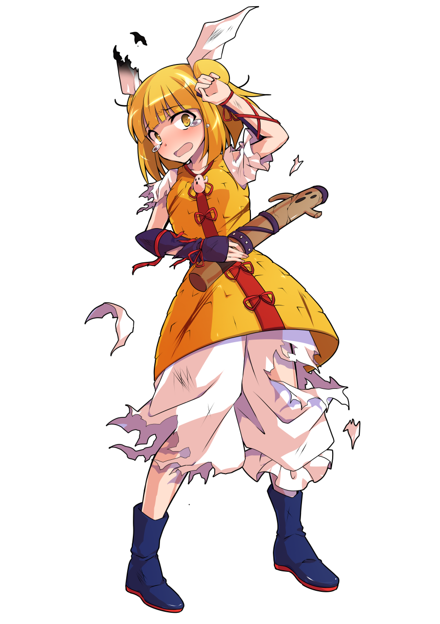 1girl alphes_(style) arm_up armor baggy_pants bangs blonde_hair blue_footwear blunt_bangs bob_cut boots cracked dairi double_bun eyebrows_visible_through_hair full_body hair_between_eyes haniwa_(statue) highres holding joutouguu_mayumi looking_at_viewer open_mouth pants parody puffy_short_sleeves puffy_sleeves red_ribbon ribbon short_hair short_sleeves solo standing style_parody tachi-e tears torn_clothes torn_pants touhou transparent_background vambraces white_pants white_ribbon yellow_eyes