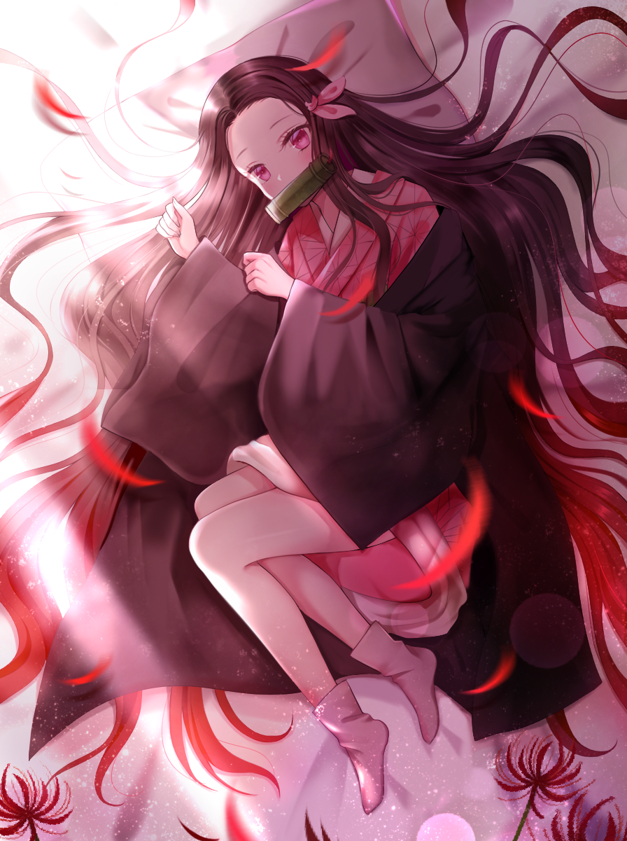 1girl bamboo bangs bed_sheet bit_gag black_hair blush brown_hair flower forehead full_body gag gradient_hair hair_ribbon hair_spread_out hands_up highres japanese_clothes kamado_nezuko kimetsu_no_yaiba kimono long_hair long_sleeves looking_at_viewer lying mouth_hold multicolored_hair nasii no_shoes on_side open_clothes parted_bangs petals pillow pink_eyes pink_kimono pink_ribbon red_flower ribbon socks solo spider_lily very_long_hair white_legwear wide_sleeves