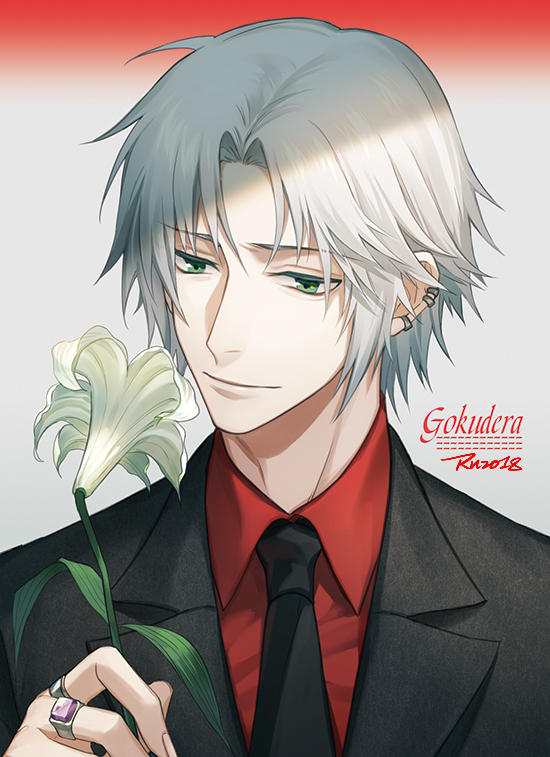 1boy 954740837 black_jacket black_neckwear character_name closed_mouth collar collared_jacket collared_shirt earrings flower formal gokudera_hayato green_eyes grey_background grey_hair holding holding_flower jacket jewelry katekyo_hitman_reborn lily_(flower) looking_down male_focus multicolored multicolored_background necktie red_background red_shirt ring shirt short_hair simple_background solo suit upper_body white_flower