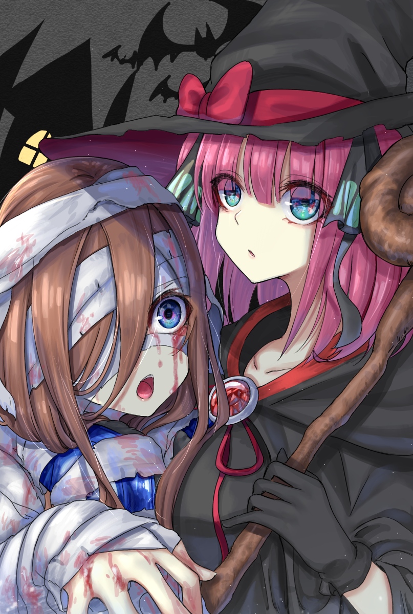 1girl 2girls aqua_eyes bandages bangs bat black_gloves black_headwear blood bloody_tears blue_eyes bow brown_hair butterfly_hair_ornament cloak gloves go-toubun_no_hanayome hair_ornament halloween hat hat_bow highres holding holding_staff hood hooded_cloak long_hair long_sleeves multiple_girls mummy nakano_miku nakano_nino one_eye_covered open_mouth parted_lips pink_hair r_(ryo) red_bow short_hair staff upper_body witch witch_hat