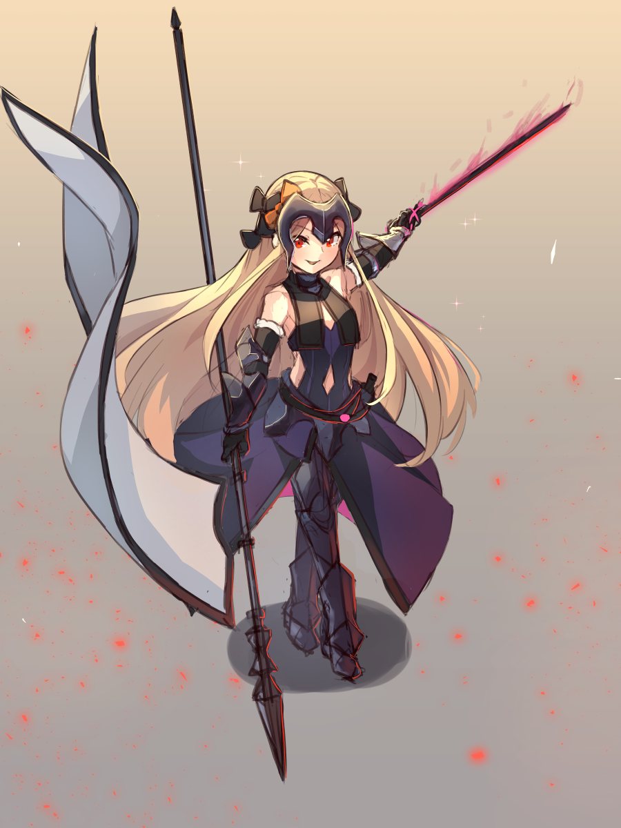 1girl abigail_williams_(fate/grand_order) armor armored_boots armored_dress bangs bare_shoulders black_bow blonde_hair boots bow brown_background cosplay dress eyebrows_visible_through_hair fate/grand_order fate_(series) flag full_body gauntlets glowing glowing_sword glowing_weapon hair_bow headpiece highres holding holding_flag holding_sword holding_weapon jeanne_d'arc_(alter)_(fate) jeanne_d'arc_(alter)_(fate)_(cosplay) jeanne_d'arc_(fate)_(all) long_hair looking_at_viewer miya_(pixiv15283026) orange_bow outstretched_arm parted_lips purple_dress red_eyes shadow sleeveless sleeveless_dress smile solo sparkle standard_bearer standing sword v-shaped_eyebrows very_long_hair weapon white_flag