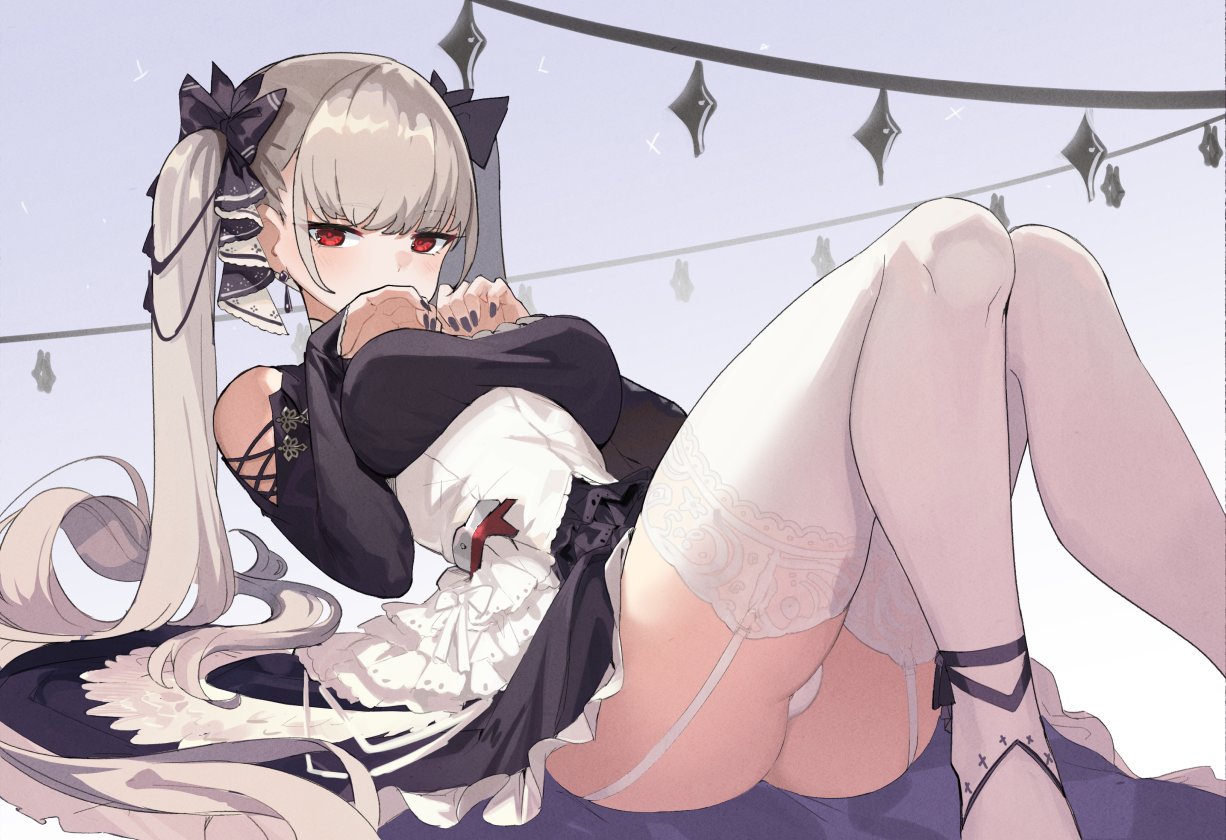 1girl azur_lane bangs bare_shoulders black_dress black_footwear black_nails black_ribbon blunt_bangs dress earrings formidable_(azur_lane) garter_straps hair_ribbon jewelry knees_up long_hair looking_at_viewer panties pantyshot pantyshot_(sitting) platinum_blonde_hair red_eyes ribbon seinen shoe_ribbon shoes shoulder_cutout sitting sleeves_past_wrists solo thigh-highs twintails two-tone_dress two-tone_ribbon underwear very_long_hair white_legwear white_panties white_ribbon