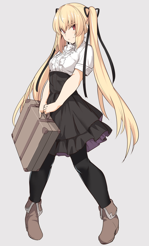 1girl black_legwear black_ribbon black_skirt blonde_hair bow commentary_request copyright_request eyebrows_visible_through_hair grey_background hair_ribbon holding_suitcase long_hair meme_attire pantyhose red_eyes ribbon shirt shiseki_hirame short_sleeves simple_background skirt smile solo suitcase twintails virgin_killer_outfit white_bow white_shirt