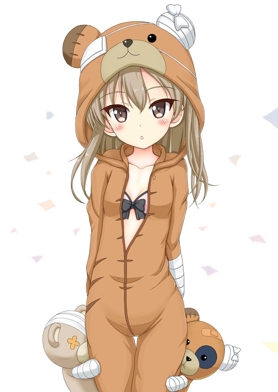 1girl :o animal_costume animal_ears bandaged_arm bandages bangs bear_costume bear_ears bear_hood blush boko_(girls_und_panzer) boko_(girls_und_panzer)_(cosplay) bow bow_bra bra brown_eyes brown_hair collarbone commentary_request cosplay eyebrows_visible_through_hair eyepatch fake_animal_ears flipper girls_und_panzer hair_between_eyes highres hood hood_up long_hair looking_at_viewer medical_eyepatch parted_lips pink_bra shimada_arisu solo stuffed_animal stuffed_toy teddy_bear thigh_gap underwear white_background