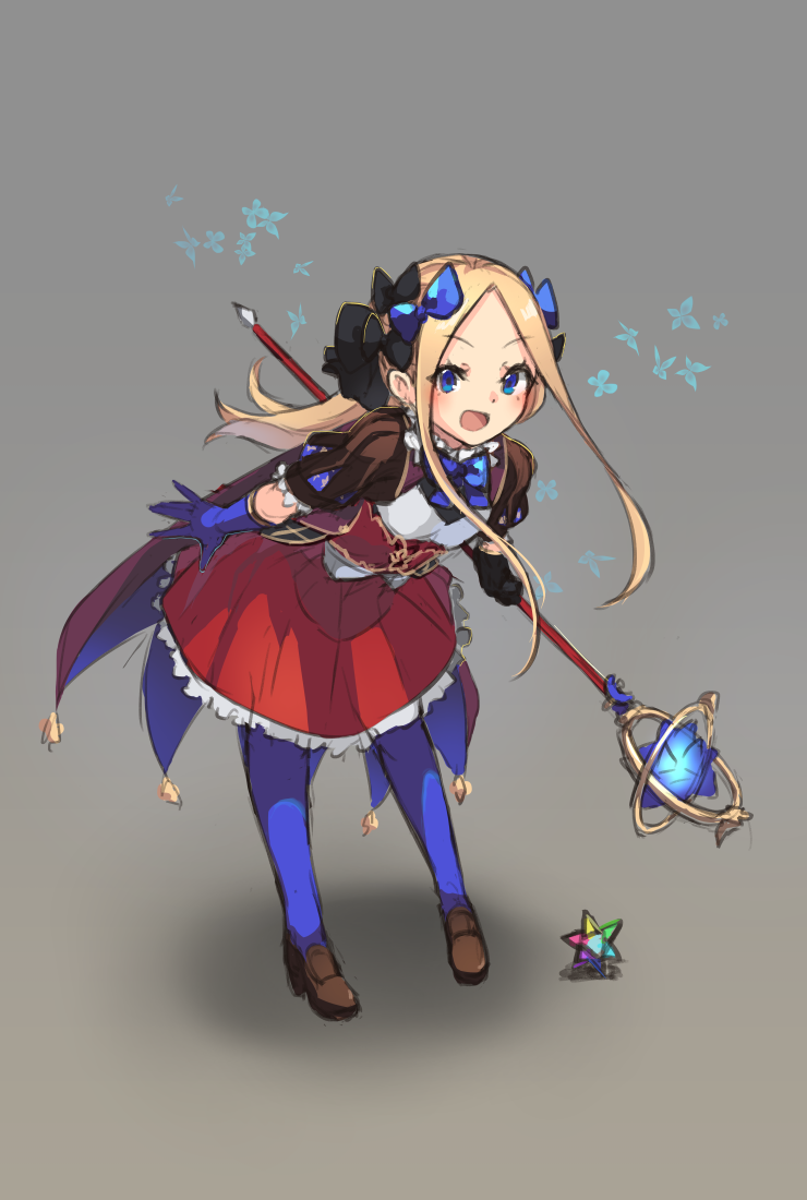 1girl abigail_williams_(fate/grand_order) animal bangs black_bow black_gloves blonde_hair blue_bow blue_butterfly blue_eyes blue_gloves blue_legwear blush bow brown_footwear bug butterfly cosplay eyebrows_visible_through_hair fate/grand_order fate_(series) forehead frilled_skirt frills full_body gloves grey_background hair_bow holding holding_staff insect leaning_forward leonardo_da_vinci_(fate/grand_order) leonardo_da_vinci_(rider)_(fate) leonardo_da_vinci_(rider)_(fate)_(cosplay) loafers long_hair looking_at_viewer mismatched_gloves miya_(pixiv15283026) open_mouth pantyhose parted_bangs puff_and_slash_sleeves puffy_short_sleeves puffy_sleeves red_skirt saint_quartz shadow shoes short_sleeves sketch skirt smile solo staff standing v-shaped_eyebrows very_long_hair