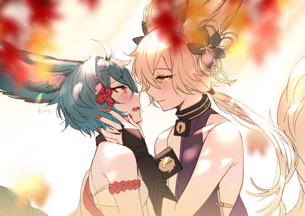 1boy 1girl aki663 animal_ears backless_outfit blue_hair blush erune fox_boy fox_ears fox_girl fox_tail granblue_fantasy hair_ornament hair_over_one_eye hand_on_another's_face kou_(granblue_fantasy) long_hair short_hair sideless_outfit smile tail you_(granblue_fantasy)