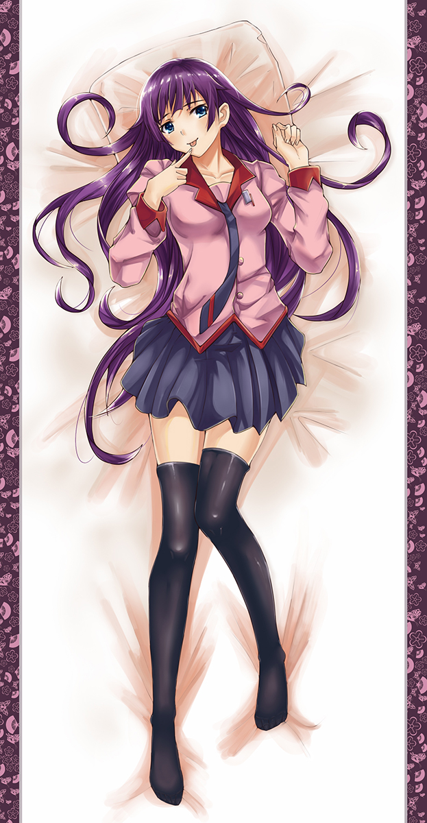 1girl bakemonogatari bangs bed_sheet black_legwear blue_eyes blue_neckwear blue_skirt blush border collar collarbone commentary_request dakimakura finger_to_mouth floral_background hair_spread_out hands_up highres juliet_sleeves long_hair long_sleeves looking_at_viewer lying monogatari_(series) necktie no_shoes on_back pillow pink_shirt pleated_skirt puffy_sleeves purple_hair red_collar sardonyx school_uniform senjougahara_hitagi shiny shiny_clothes shiny_hair shirt skirt sleeve_cuffs solo swept_bangs thigh-highs tongue tongue_out zettai_ryouiki