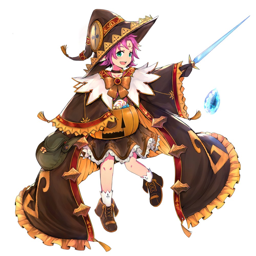 1girl bow bozugame dress facial_mark fae_(fire_emblem) fire_emblem fire_emblem:_the_binding_blade fire_emblem_heroes forehead_mark full_body green_eyes halloween_costume hat holding holding_sword holding_weapon long_sleeves open_mouth purple_hair short_hair simple_background solo sword weapon white_background wide_sleeves witch_hat