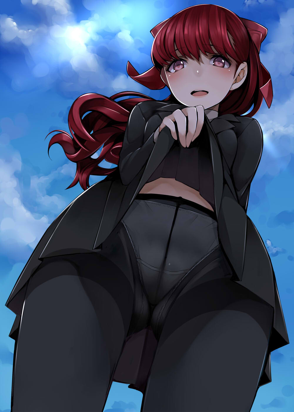 1girl ass_visible_through_thighs black_skirt blue_sky blush clouds crotch_seam from_below highres lifted_by_self looking_at_viewer midriff nemu_(nebusokugimi) open_mouth panties panties_under_pantyhose pantyhose persona persona_5 persona_5_the_royal red_eyes redhead skirt sky solo thighband_pantyhose underwear upskirt white_panties yoshizawa_kasumi