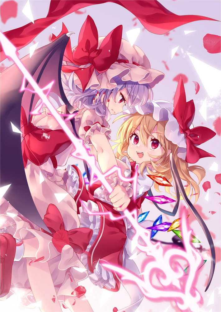 2girls :d back_bow bat_wings blonde_hair bow closed_mouth commentary_request crystal dress eye_contact fang fang_out flandre_scarlet glowing glowing_weapon gradient gradient_background hair_between_eyes hand_in_hair hand_on_another's_face hat hat_bow holding holding_weapon lavender_background looking_at_another mimi_(mimi_puru) mob_cap multiple_girls open_mouth petals petticoat pink_dress profile puffy_short_sleeves puffy_sleeves purple_hair red_bow red_eyes red_nails red_skirt remilia_scarlet shoes short_hair short_sleeves siblings sisters skirt skirt_set smile spear_the_gungnir touhou triangle weapon wings