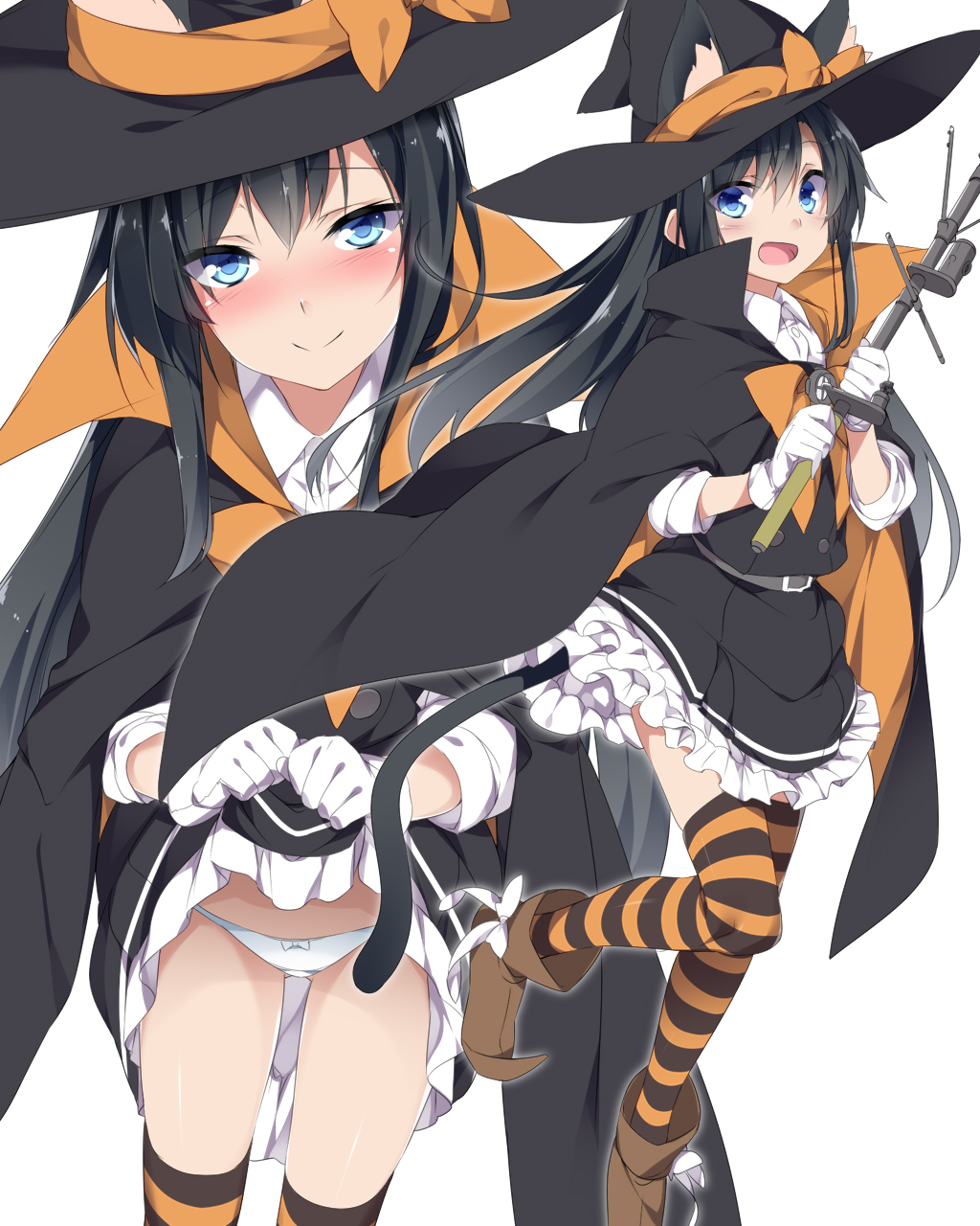 1girl :d animal_ears asashio_(kantai_collection) bangs belt belt_buckle black_cape black_hair black_skirt blush boots bow brown_footwear buckle cape cat_ears cat_tail closed_mouth commentary_request eyebrows_visible_through_hair frilled_skirt frills gloves halloween_costume hat hat_bow highres holding kantai_collection kemonomimi_mode lifted_by_self long_hair long_sleeves looking_at_viewer mtu_(orewamuzituda) open_mouth orange_bow orange_legwear panties shirt sidelocks simple_background skirt skirt_lift smile standing standing_on_one_leg striped striped_legwear tail thigh-highs underwear white_background white_gloves white_panties white_shirt witch_hat