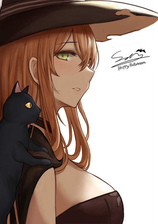 1girl alternate_costume animal animal_on_shoulder bangs blush breasts brown_hair cape cat cat_on_shoulder dress eyebrows_visible_through_hair from_side girls_frontline green_eyes hair_between_eyes hair_ribbon hair_rings halloween_costume hat large_breasts long_hair looking_at_viewer m1903_springfield_(girls_frontline) parted_lips ribbon selcky sidelocks signature smile solo strapless strapless_dress witch_hat