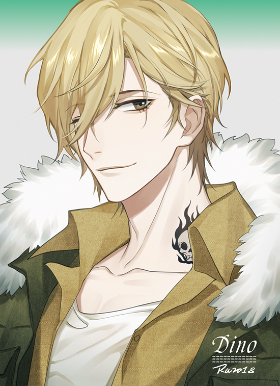 1boy 954740837 blonde_hair brown_eyes character_name closed_mouth collar collarbone collared_shirt dino_(reborn) fur_collar fur_trim green_background grey_background hair_between_eyes high_collar katekyo_hitman_reborn looking_at_viewer male_focus multicolored multicolored_background shirt short_hair simple_background smile solo tattoo upper_body yellow_shirt