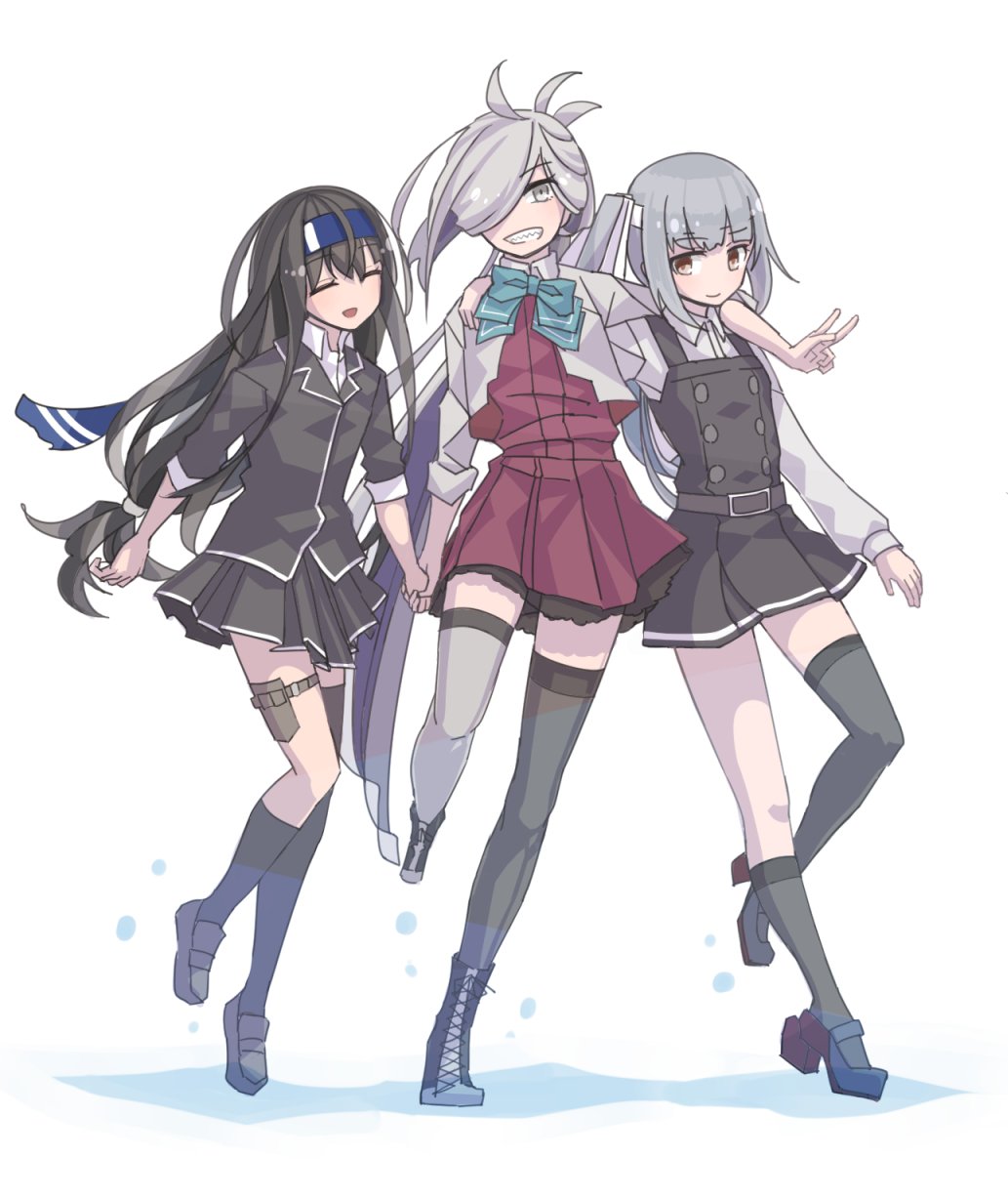 3girls ahoge arm_warmers asashimo_(kantai_collection) black_hair black_legwear black_ribbon black_skirt blazer boots brown_eyes closed_eyes commentary_request cross-laced_footwear dress full_body fuyumika grey_eyes grey_hair grey_legwear grin hair_over_one_eye halterneck hatsushimo_(kantai_collection) headband highres jacket kantai_collection kasumi_(kantai_collection) lace-up_boots long_hair long_sleeves low-tied_long_hair mismatched_legwear multiple_girls pinafore_dress pleated_skirt ponytail red_ribbon remodel_(kantai_collection) ribbon rudder_footwear school_uniform side_ponytail silver_hair simple_background single_thighhigh skirt sleeves_rolled_up smile thigh-highs white_background