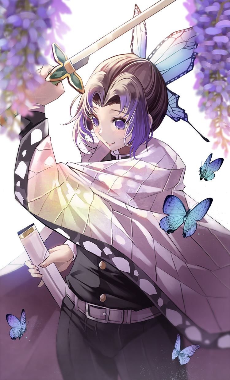 1girl animal arm_up bangs belt belt_buckle black_hair black_jacket black_pants blue_butterfly blurry_foreground buckle bug butterfly butterfly_hair_ornament closed_mouth commentary eto_(nistavilo2) eyebrows_visible_through_hair flower hair_ornament highres holding holding_sheath holding_sword holding_weapon insect jacket kimetsu_no_yaiba kochou_shinobu long_sleeves looking_away open_clothes pants parted_bangs purple_flower purple_hair revision sheath smile solo sword unsheathed violet_eyes weapon white_background white_belt wide_sleeves