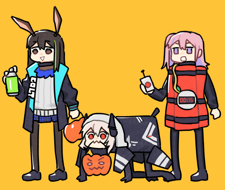 3girls amiya_(arknights) arknights brown_hair dinergate_(girls_frontline) donkey_ears dynamite girls_frontline halloween halloween_basket halloween_costume jack-o'-lantern multiple_girls suicide_bomb timer trick-or-treating vento