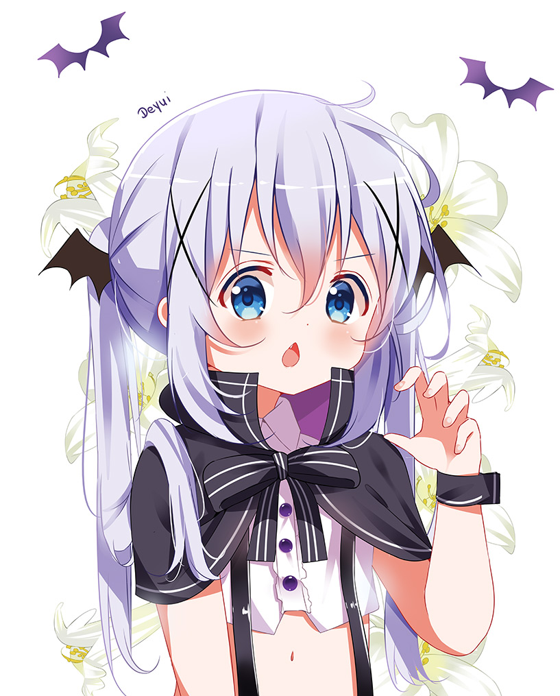 1girl artist_name bangs black_bow black_capelet black_wings blue_eyes blush bow capelet chestnut_mouth claw_pose commentary_request crop_top deyui eyebrows_visible_through_hair fang floral_background flower gochuumon_wa_usagi_desu_ka? hair_between_eyes hair_ornament halloween hand_up head_wings kafuu_chino long_hair navel open_mouth shirt signature silver_hair simple_background solo striped striped_bow twintails upper_body white_background white_flower white_shirt wings wrist_cuffs x_hair_ornament