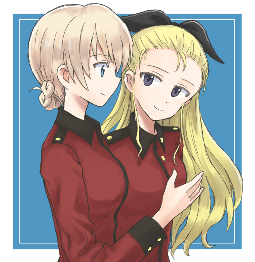 2girls assam bangs black_ribbon blonde_hair blue_background blue_eyes border braid closed_mouth commentary darjeeling epaulettes from_side gesture girls_und_panzer hair_pulled_back hair_ribbon jacket long_hair long_sleeves looking_at_another military military_uniform multiple_girls mutsu_(layergreen) outside_border red_jacket ribbon short_hair smile st._gloriana's_military_uniform tied_hair uniform white_border